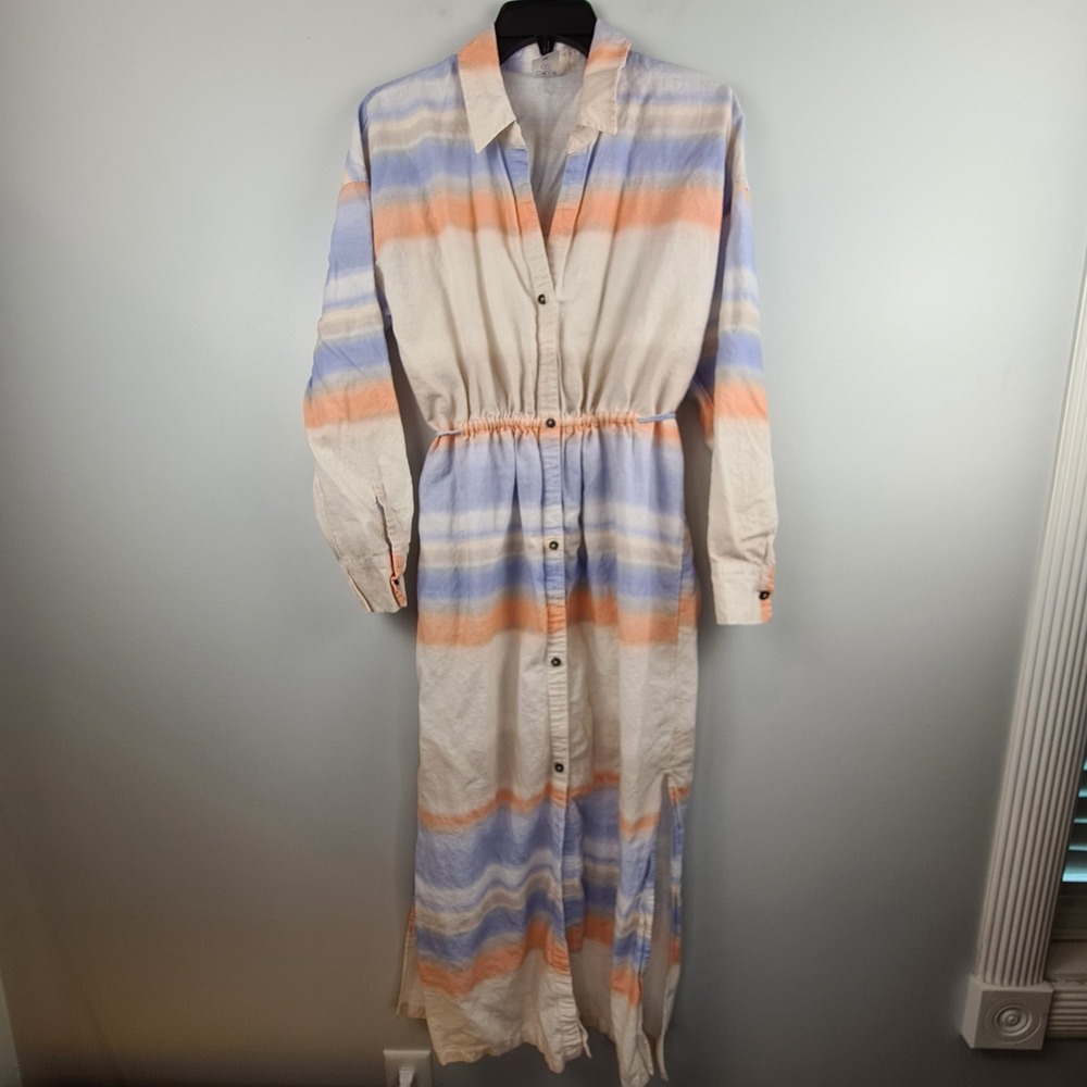 CALIA Womens Linen Blend Ombre Stripe Maxi Shirt Dress Blue Orange M Beach Cover